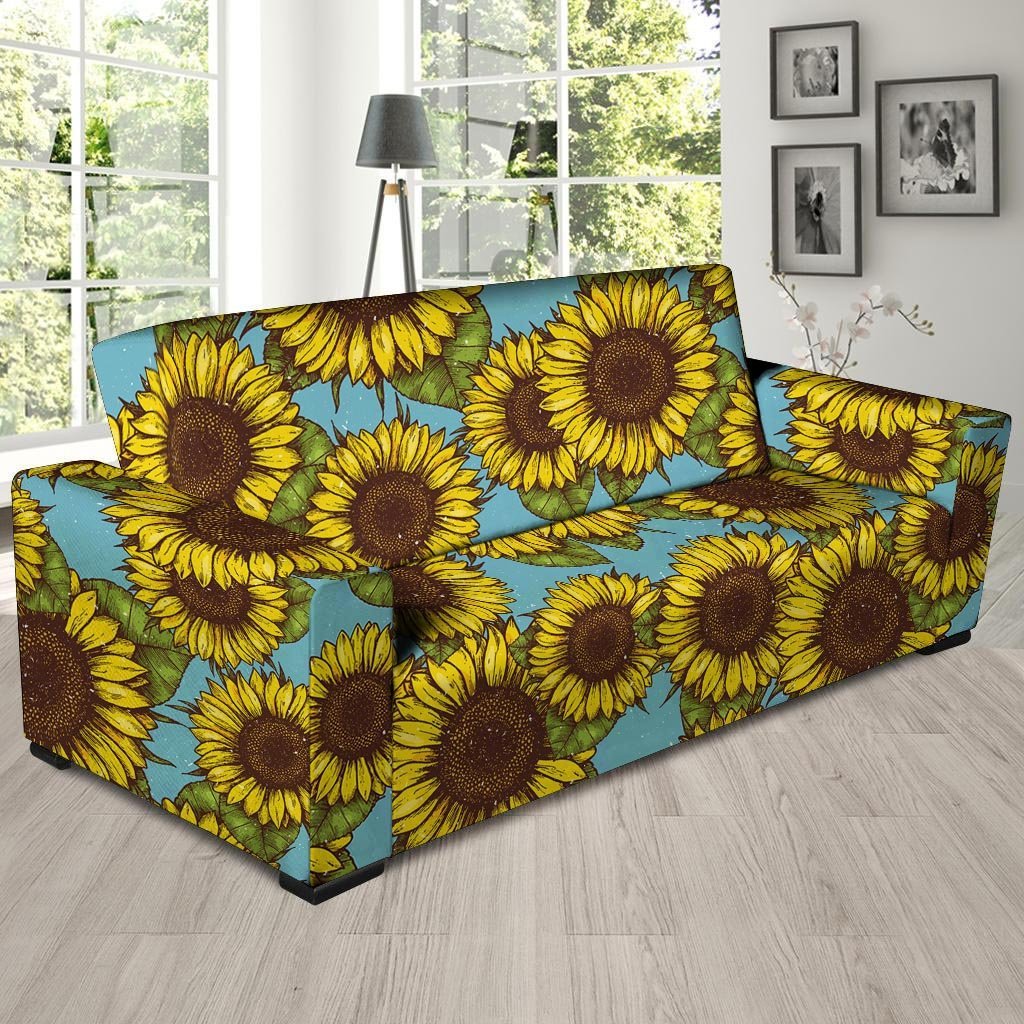 Blue Sunflower Print Sofa Cover-grizzshop