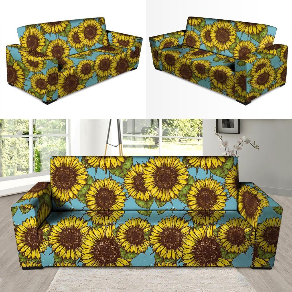 Blue Sunflower Print Sofa Cover-grizzshop