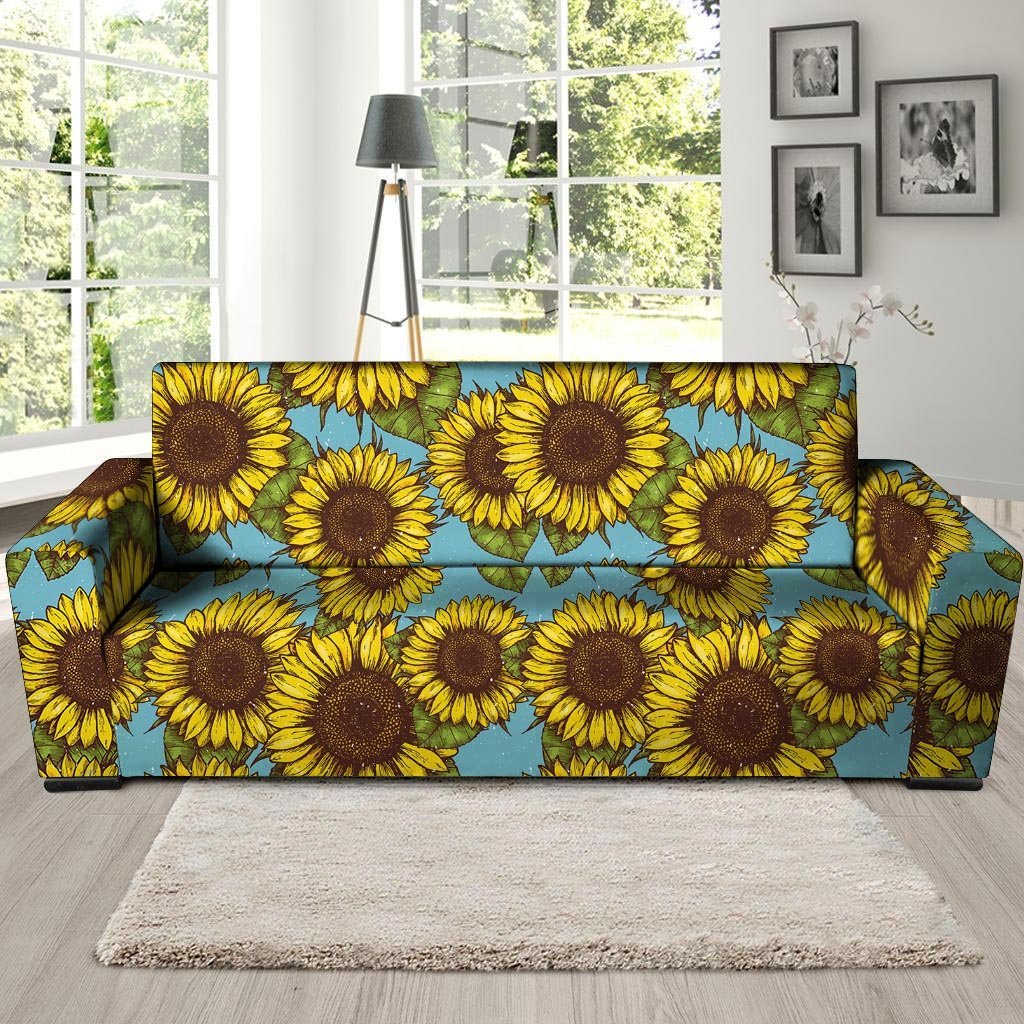 Blue Sunflower Print Sofa Cover-grizzshop