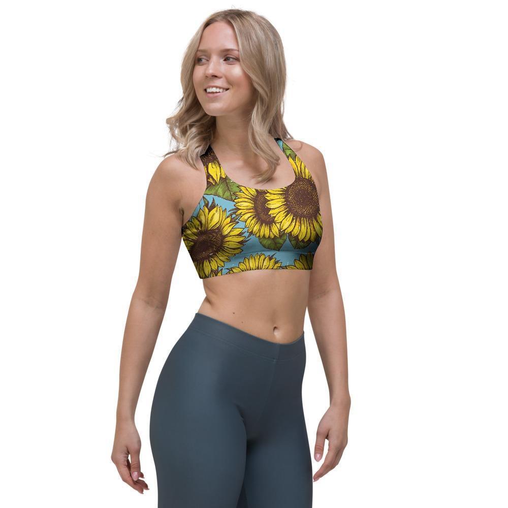 Blue Sunflower Print Sports Bra-grizzshop