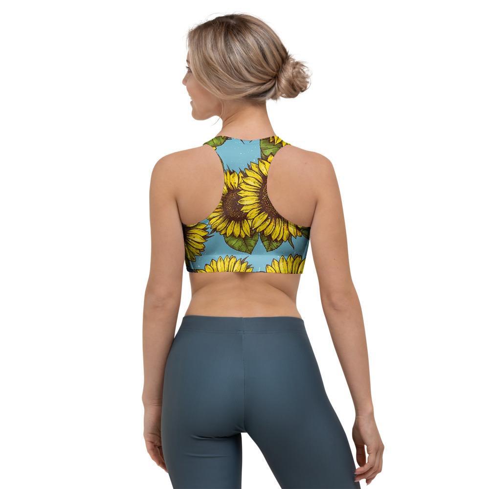 Blue Sunflower Print Sports Bra-grizzshop