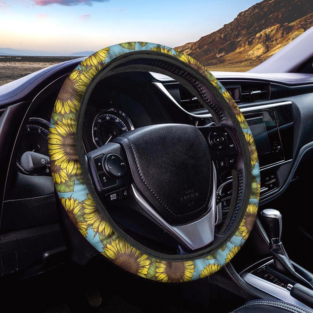 Blue Sunflower Print Steering Wheel Cover-grizzshop