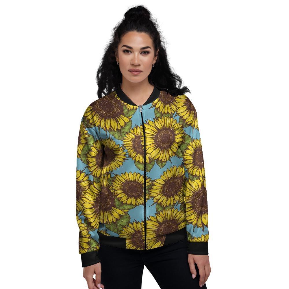 Blue Sunflower Print Women's Bomber Jacket-grizzshop