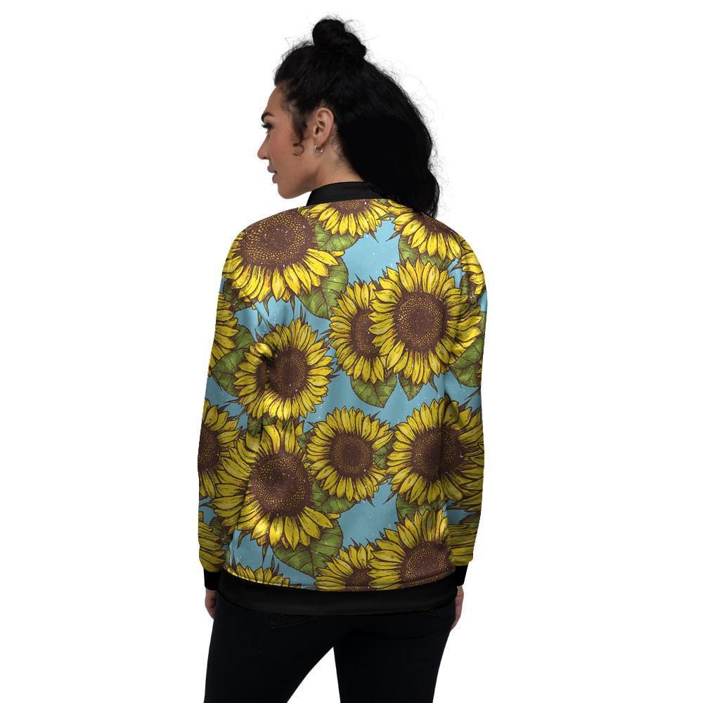 Blue Sunflower Print Women's Bomber Jacket-grizzshop