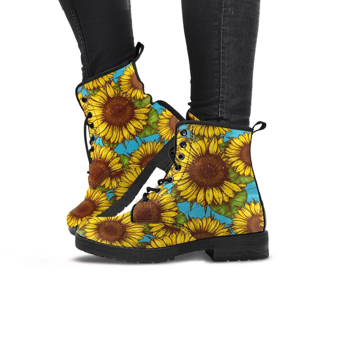 Blue Sunflower Print Women's Boots-grizzshop