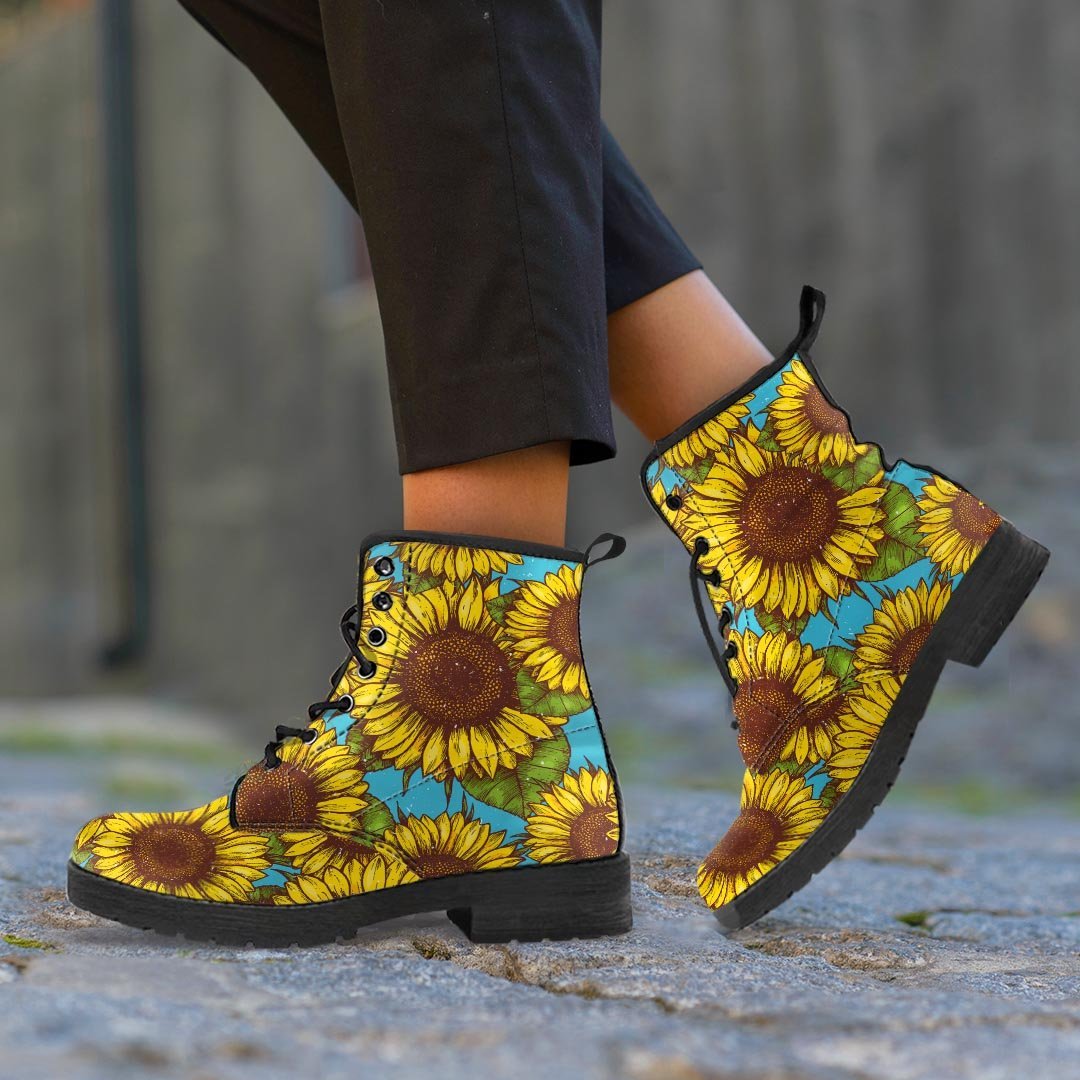 Blue Sunflower Print Women's Boots-grizzshop