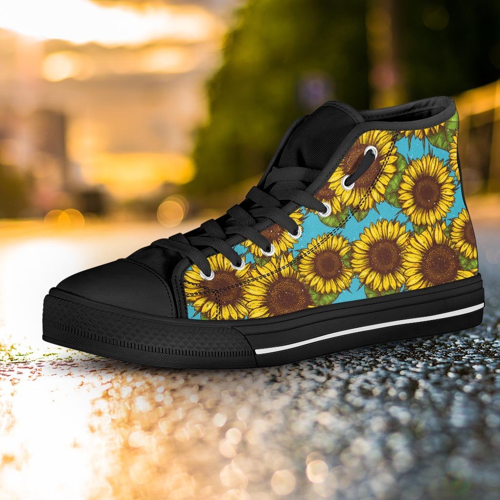 Blue Sunflower Print Women's High Top Shoes-grizzshop