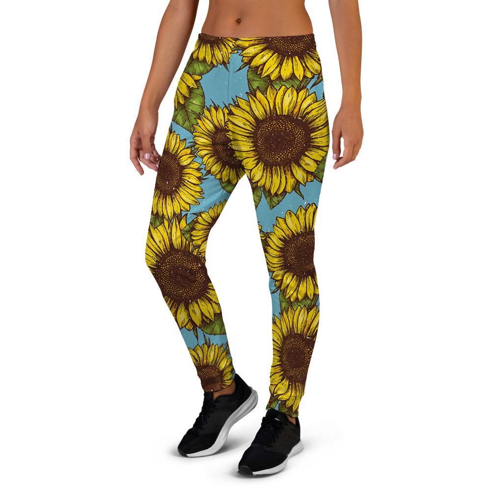 Blue Sunflower Print Women's Joggers-grizzshop