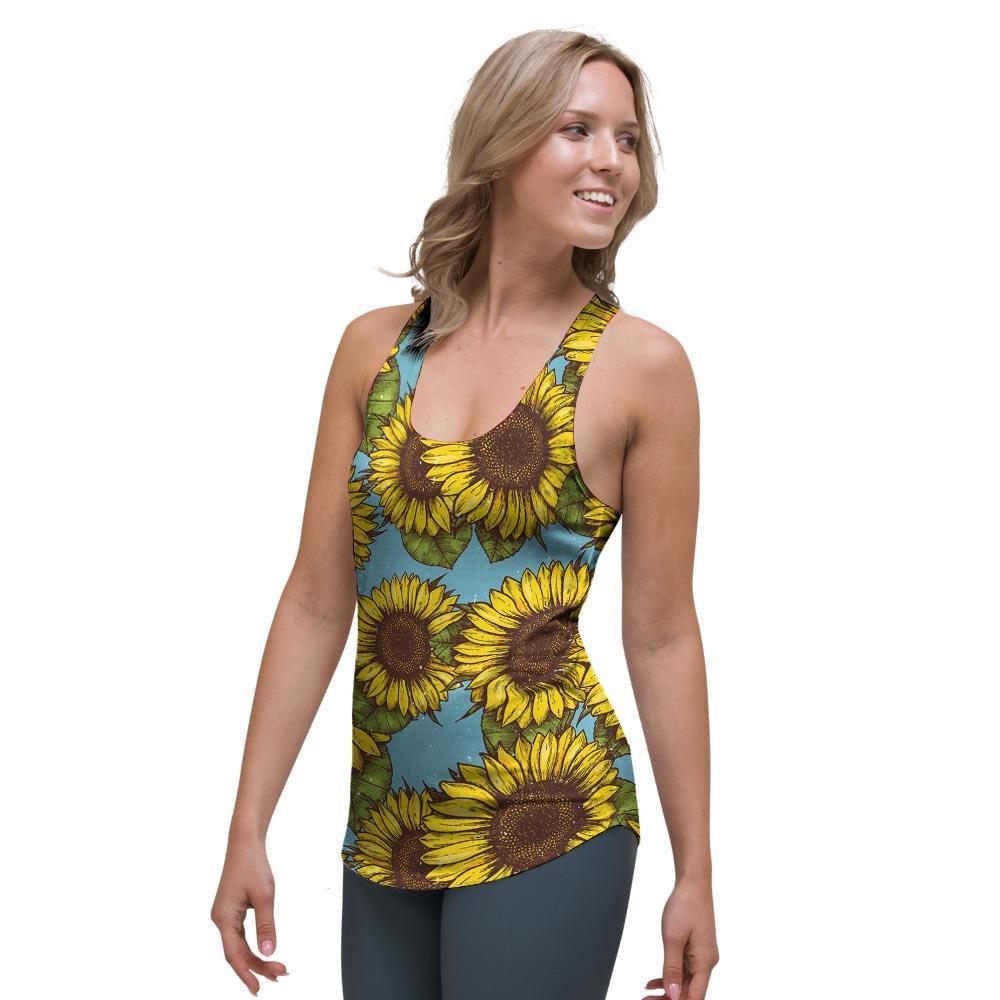 Blue Sunflower Print Women's Racerback Tank Top-grizzshop