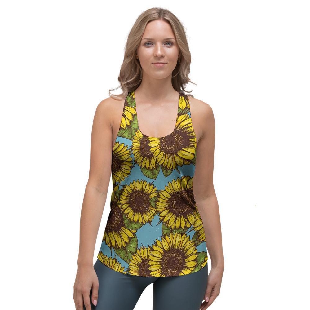 Blue Sunflower Print Women's Racerback Tank Top-grizzshop