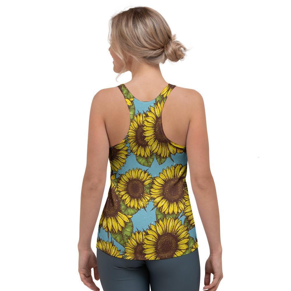 Blue Sunflower Print Women's Racerback Tank Top-grizzshop