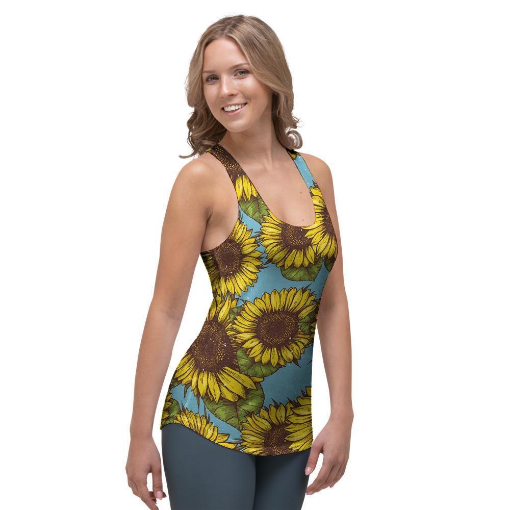 Blue Sunflower Print Women's Racerback Tank Top-grizzshop