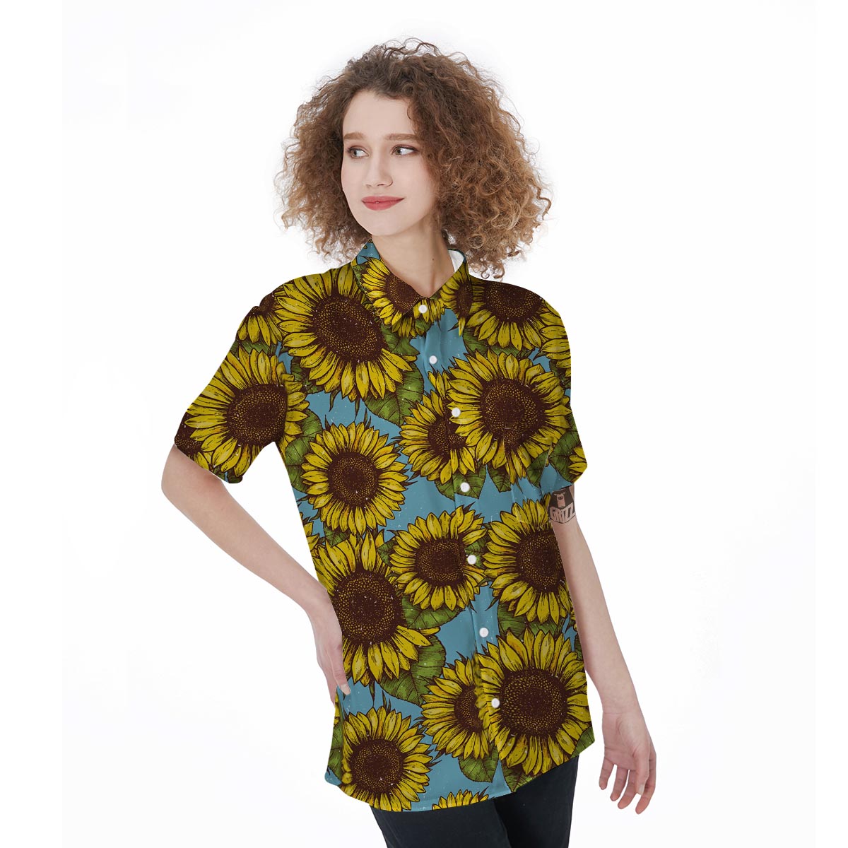 Blue Sunflower Print Women's Short Sleeve Shirts-grizzshop