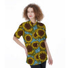 Blue Sunflower Print Women's Short Sleeve Shirts-grizzshop