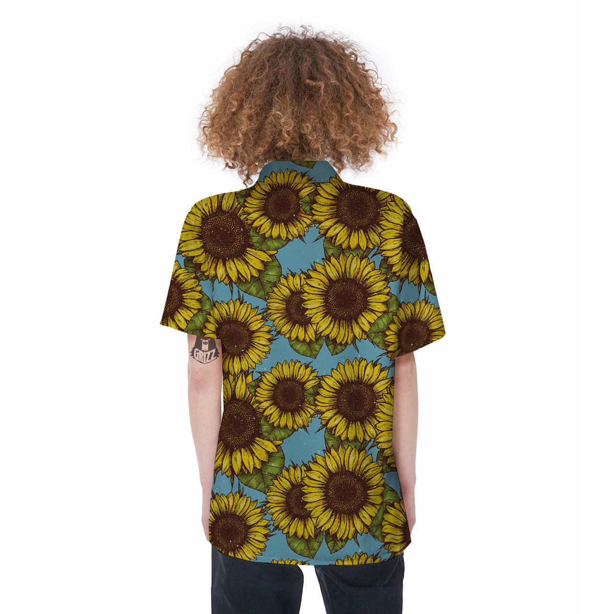 Blue Sunflower Print Women's Short Sleeve Shirts-grizzshop