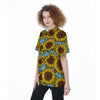 Blue Sunflower Print Women's Short Sleeve Shirts-grizzshop