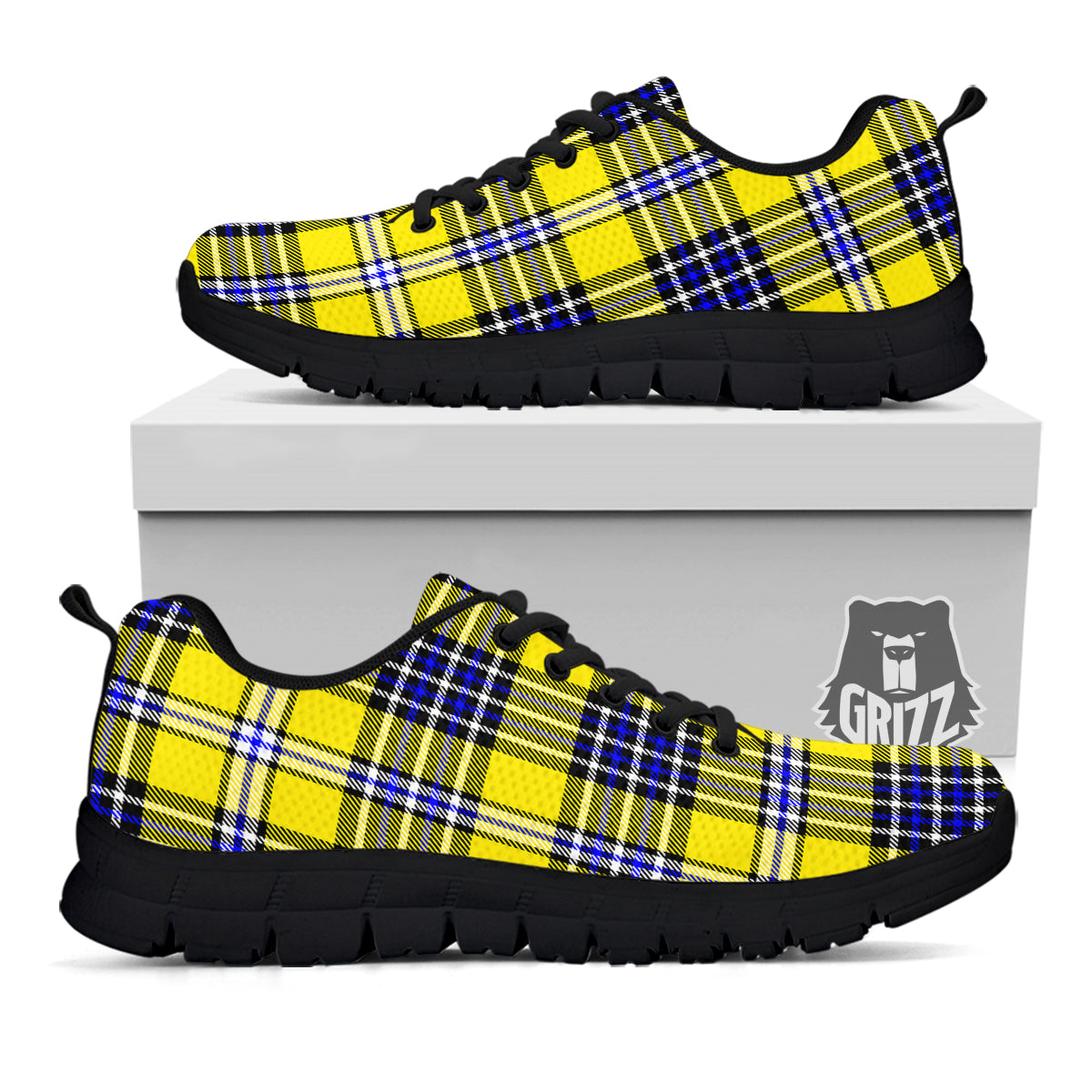 Blue Tartan And Black Yellow Print Pattern Black Sneaker-grizzshop