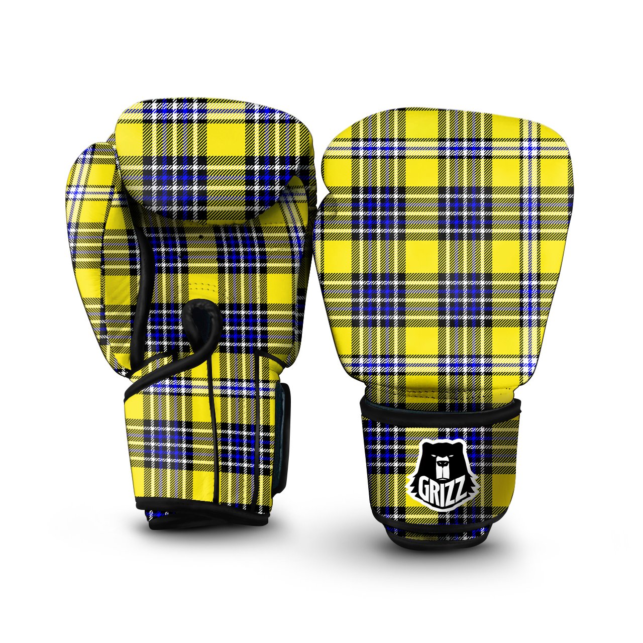 Blue Tartan And Black Yellow Print Pattern Boxing Gloves-grizzshop