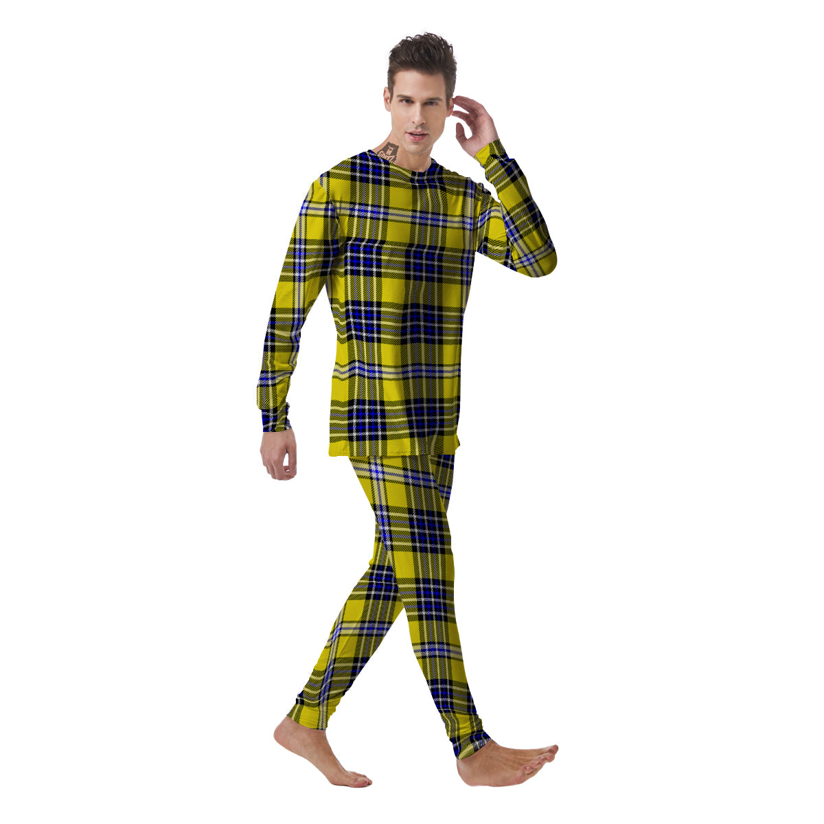 Blue Tartan And Black Yellow Print Pattern Men's Pajamas-grizzshop