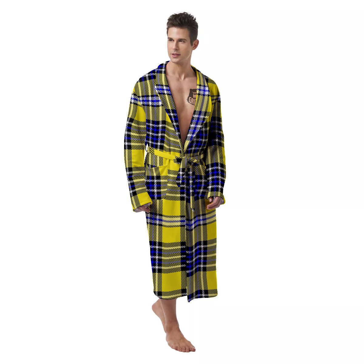 Blue Tartan And Black Yellow Print Pattern Men's Robe-grizzshop