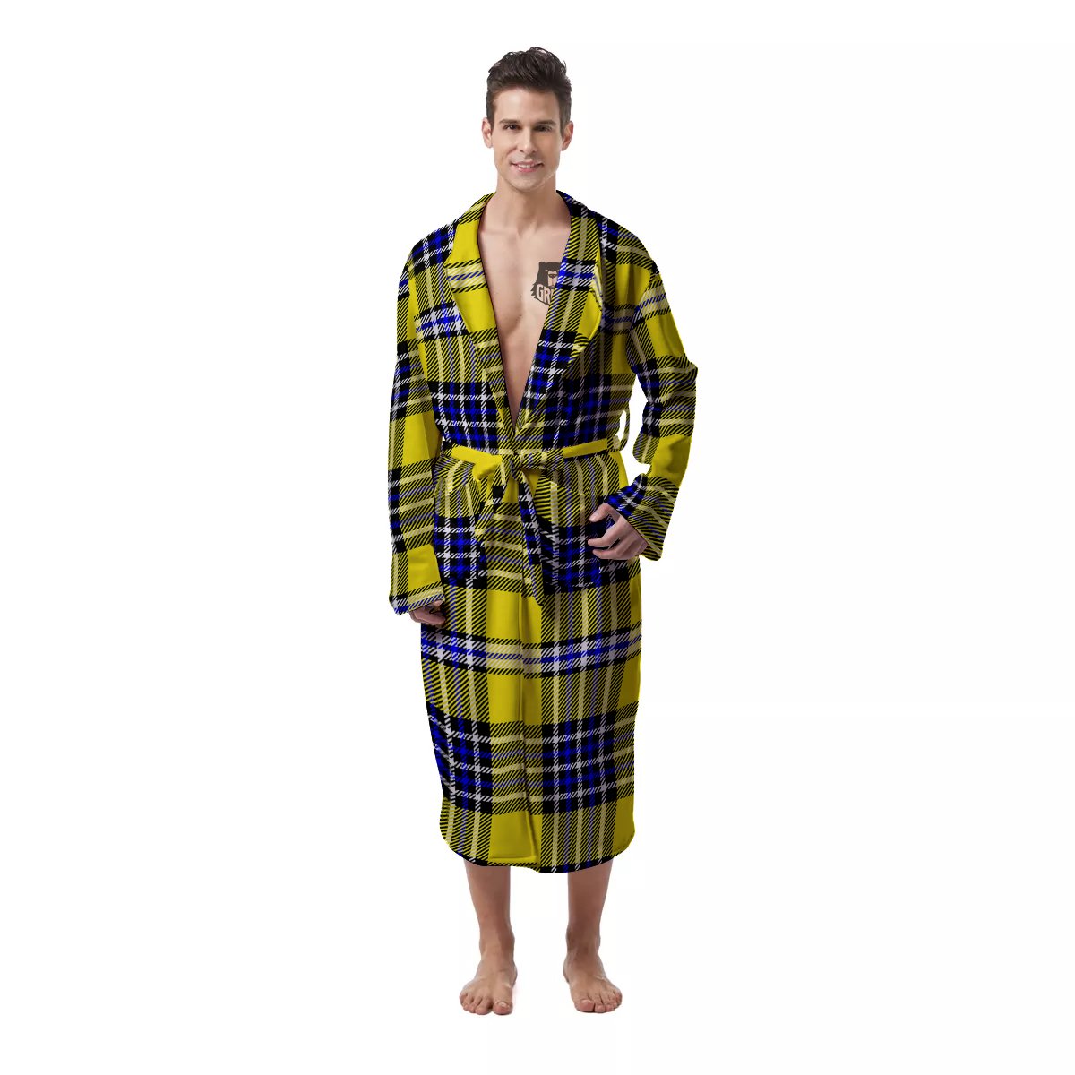 Blue Tartan And Black Yellow Print Pattern Men's Robe-grizzshop