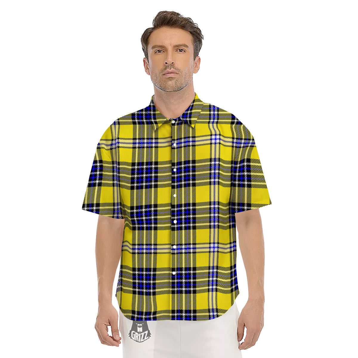 Blue Tartan And Black Yellow Print Pattern Men's Short Sleeve Shirts-grizzshop