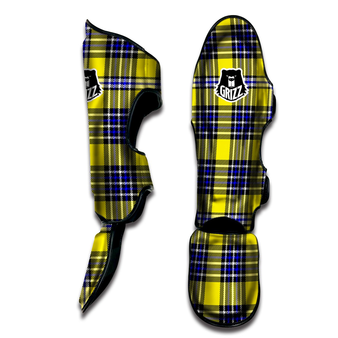 Blue Tartan And Black Yellow Print Pattern Muay Thai Shin Guards-grizzshop