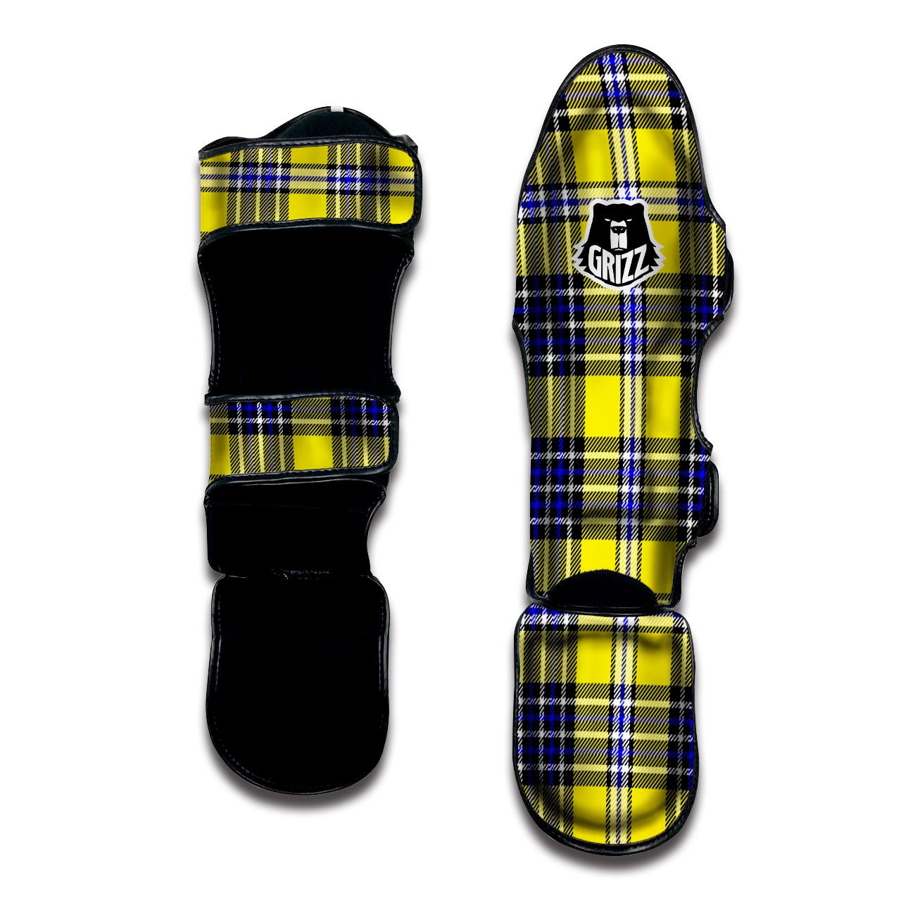 Blue Tartan And Black Yellow Print Pattern Muay Thai Shin Guards-grizzshop