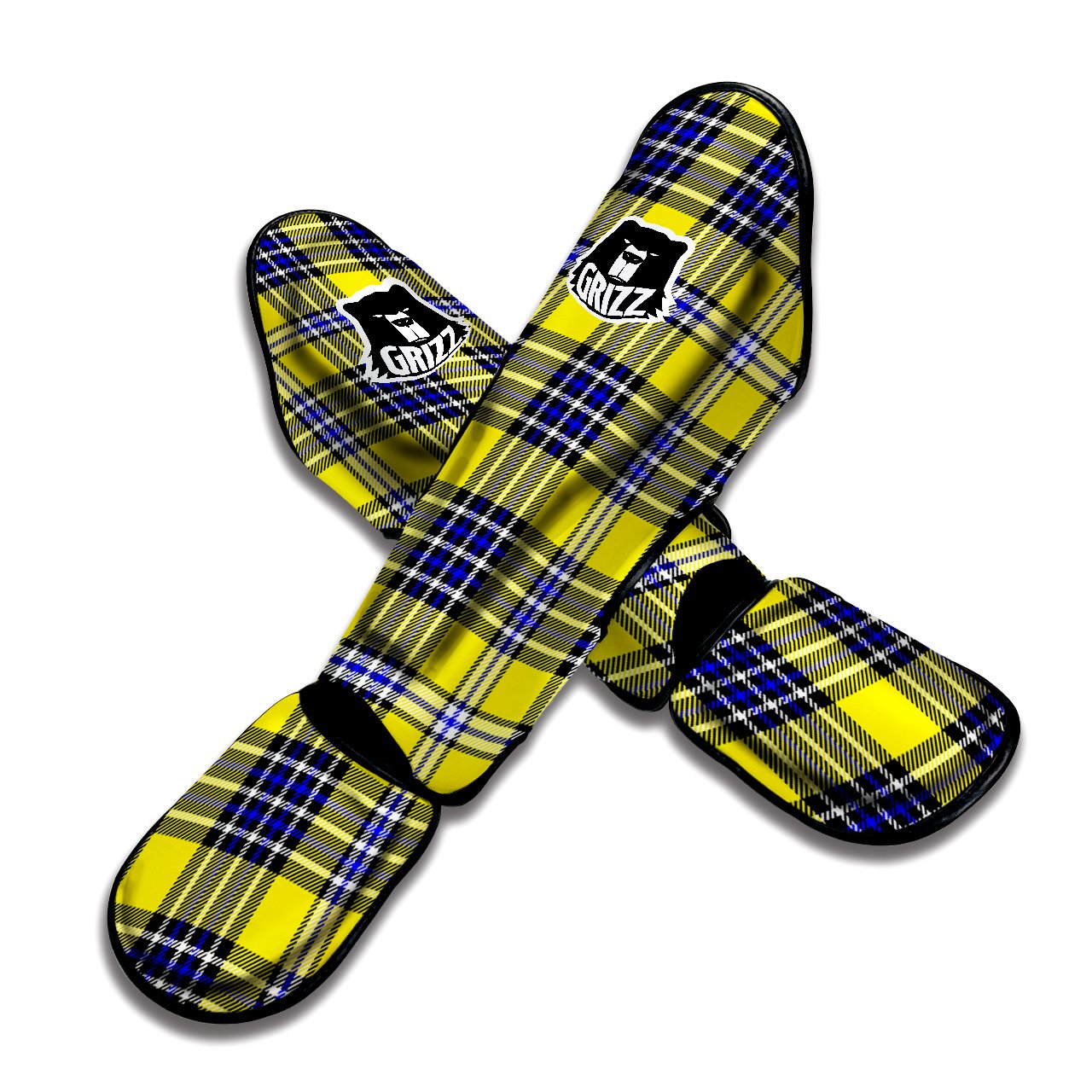 Blue Tartan And Black Yellow Print Pattern Muay Thai Shin Guards-grizzshop