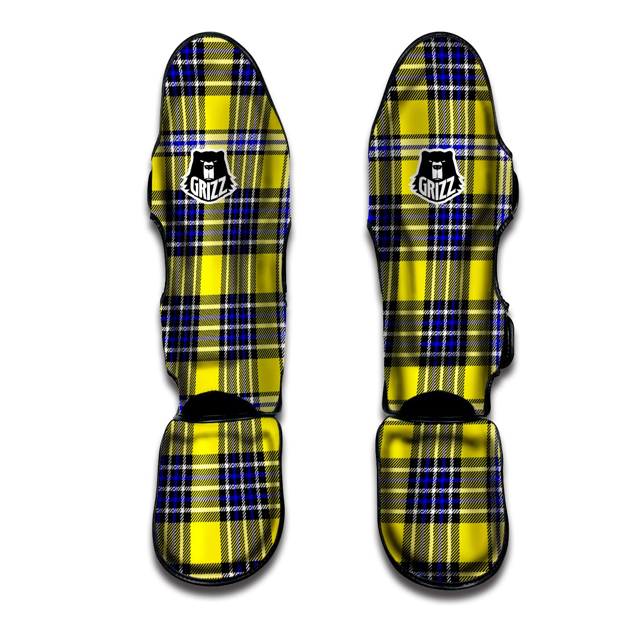 Blue Tartan And Black Yellow Print Pattern Muay Thai Shin Guards-grizzshop