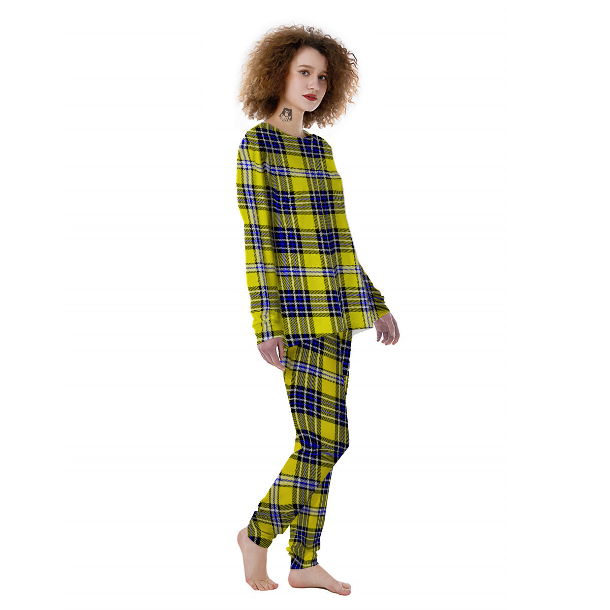 Blue Tartan And Black Yellow Print Pattern Women's Pajamas-grizzshop