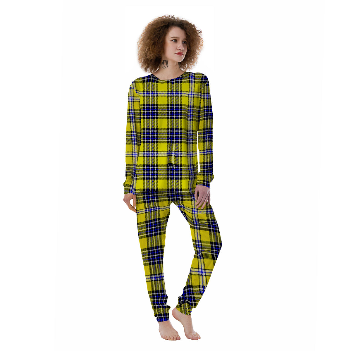 Blue Tartan And Black Yellow Print Pattern Women's Pajamas-grizzshop