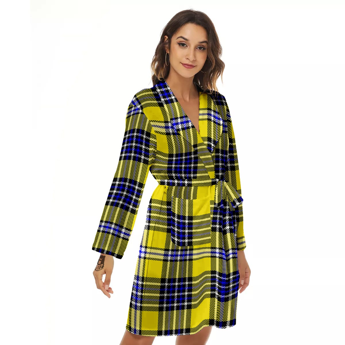 Blue Tartan And Black Yellow Print Pattern Women's Robe-grizzshop