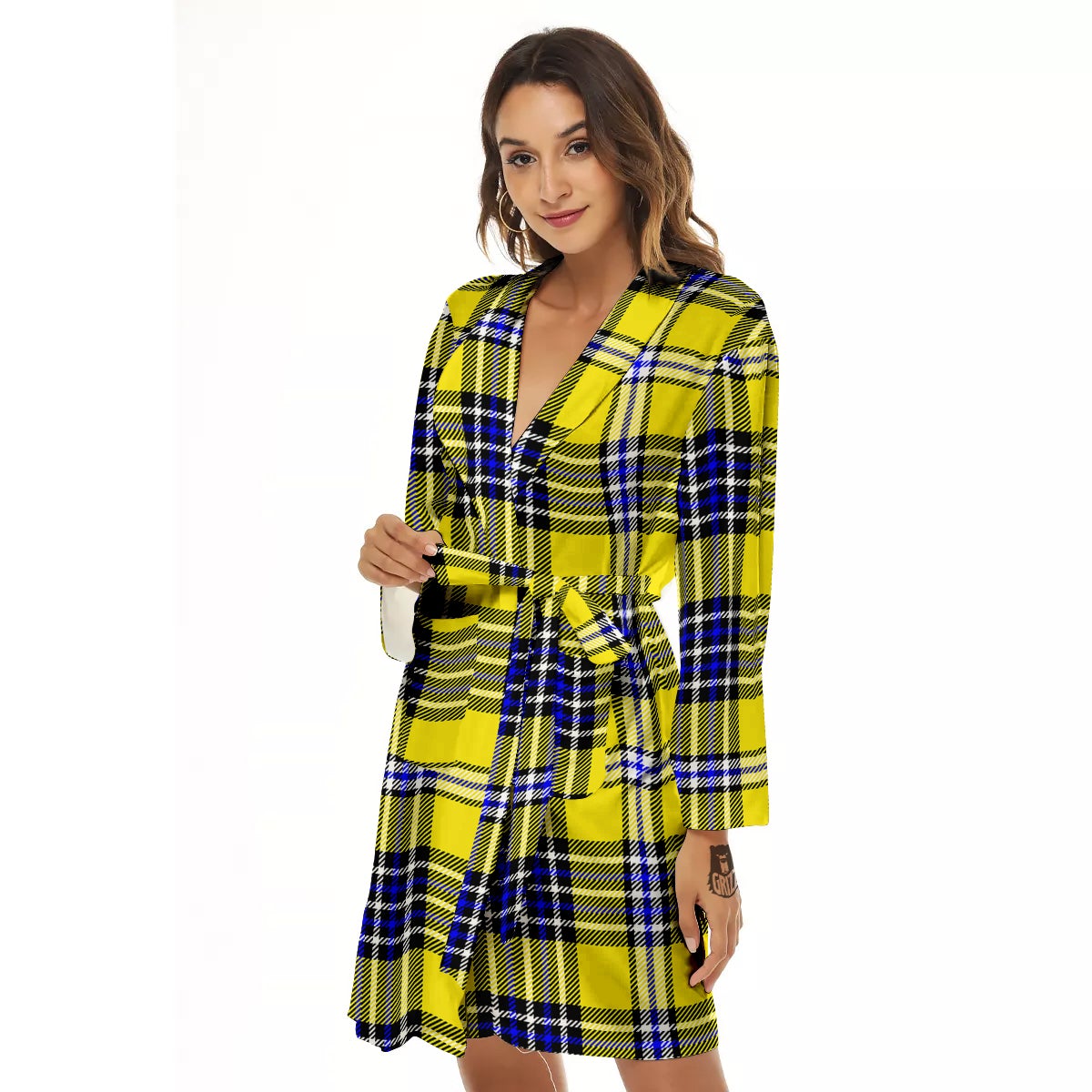Blue Tartan And Black Yellow Print Pattern Women's Robe-grizzshop