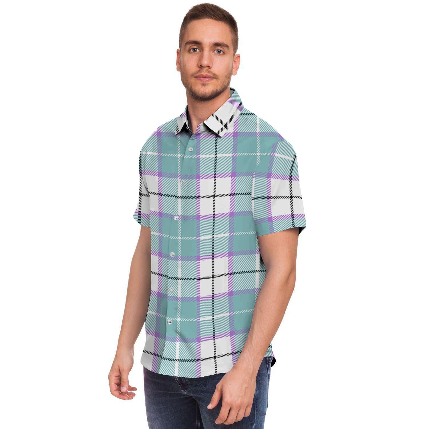 Blue Tartan Plaid Men's Short Sleeve Shirt-grizzshop