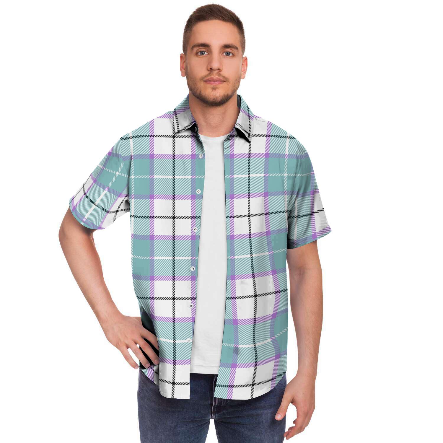 Blue Tartan Plaid Men's Short Sleeve Shirt-grizzshop