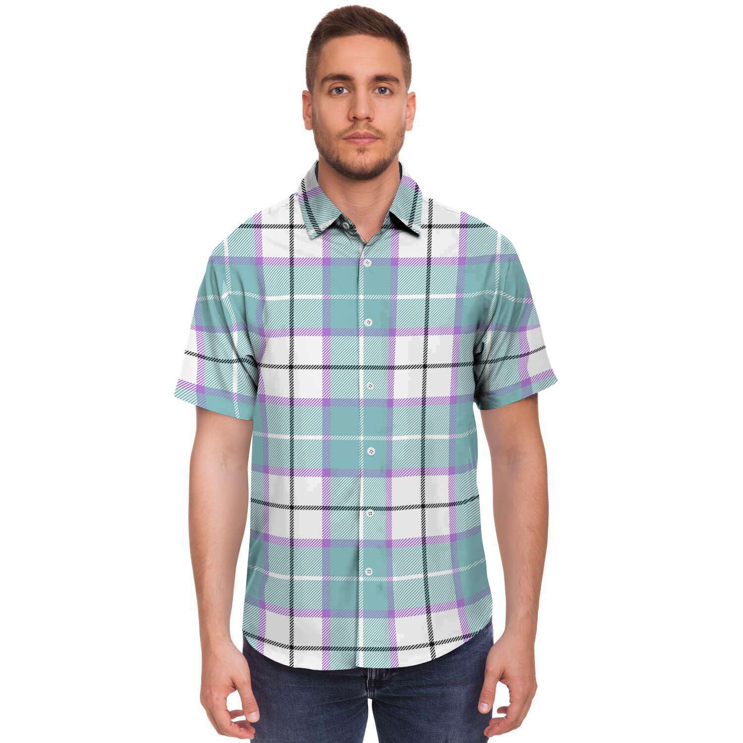 Blue Tartan Plaid Men's Short Sleeve Shirt-grizzshop