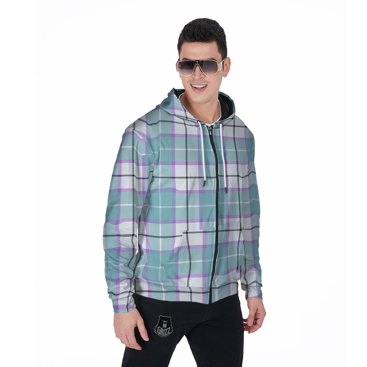Blue Tartan Plaid Men's Zip Up Hoodie-grizzshop