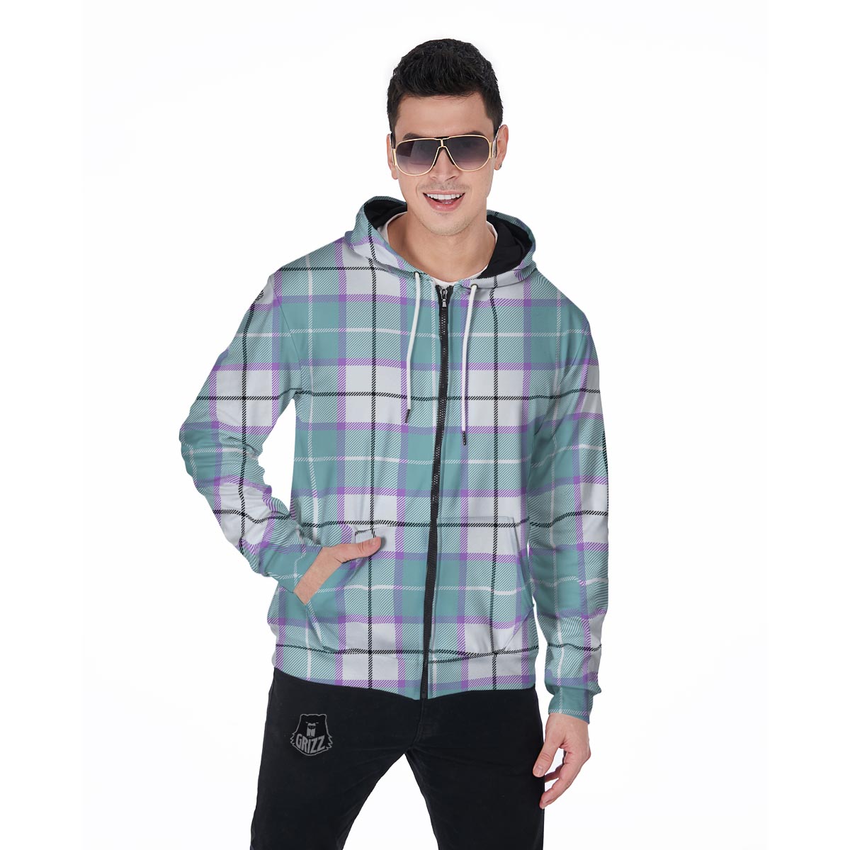 Blue Tartan Plaid Men's Zip Up Hoodie-grizzshop
