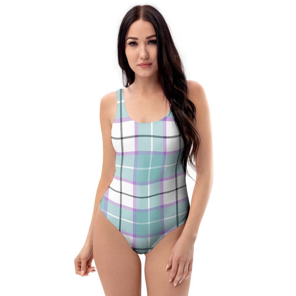 Blue Tartan Plaid One Piece Swimsuite-grizzshop