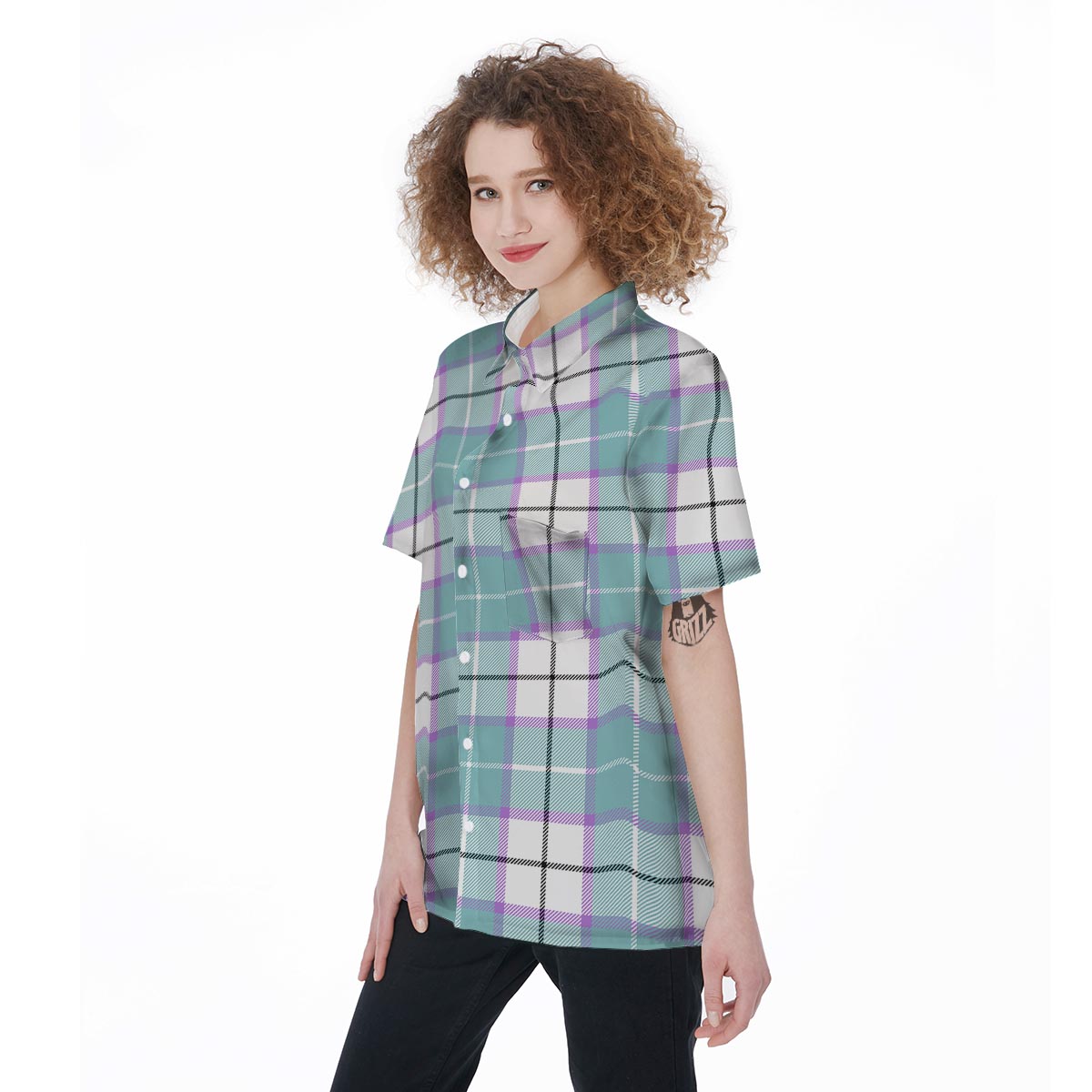 Blue Tartan Plaid Women's Short Sleeve Shirts-grizzshop