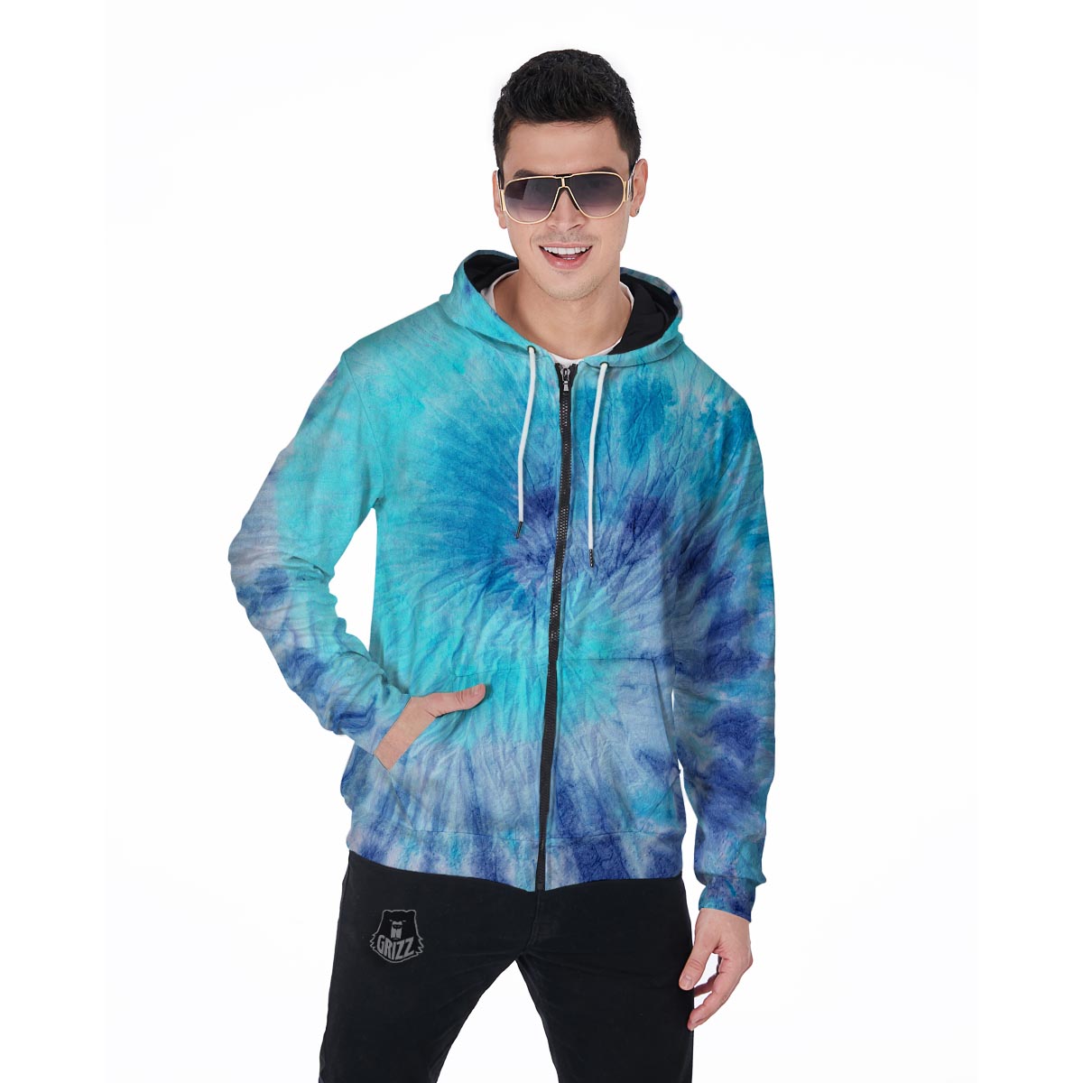 Blue Tie Dye Men's Zip Up Hoodie-grizzshop