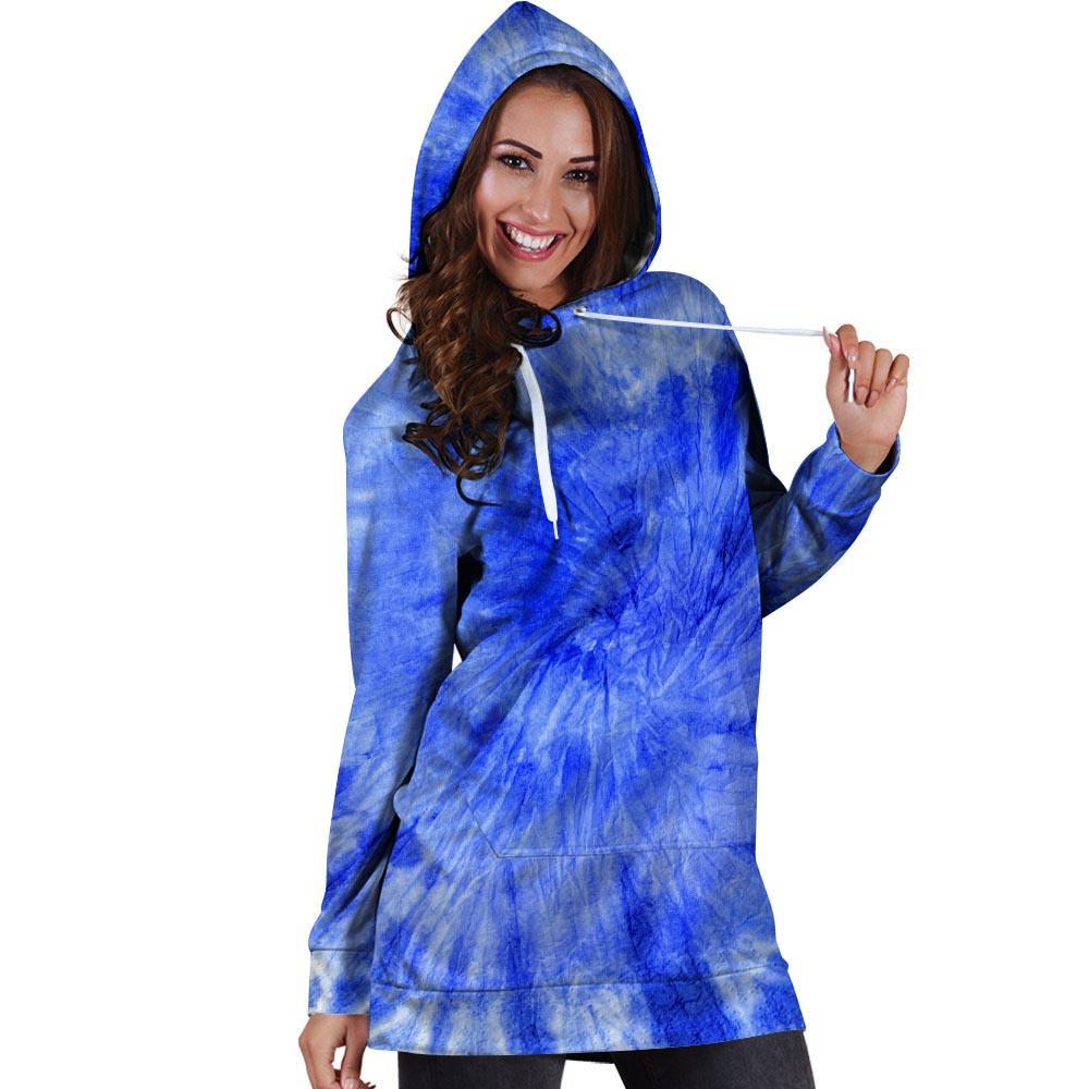 Blue Tie Dye Print Hoodie Dress-grizzshop