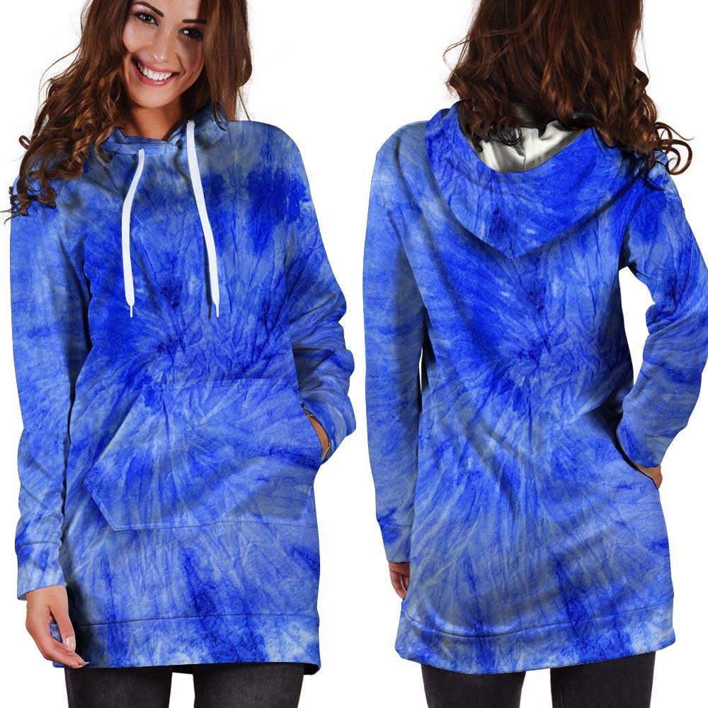 Blue Tie Dye Print Hoodie Dress-grizzshop