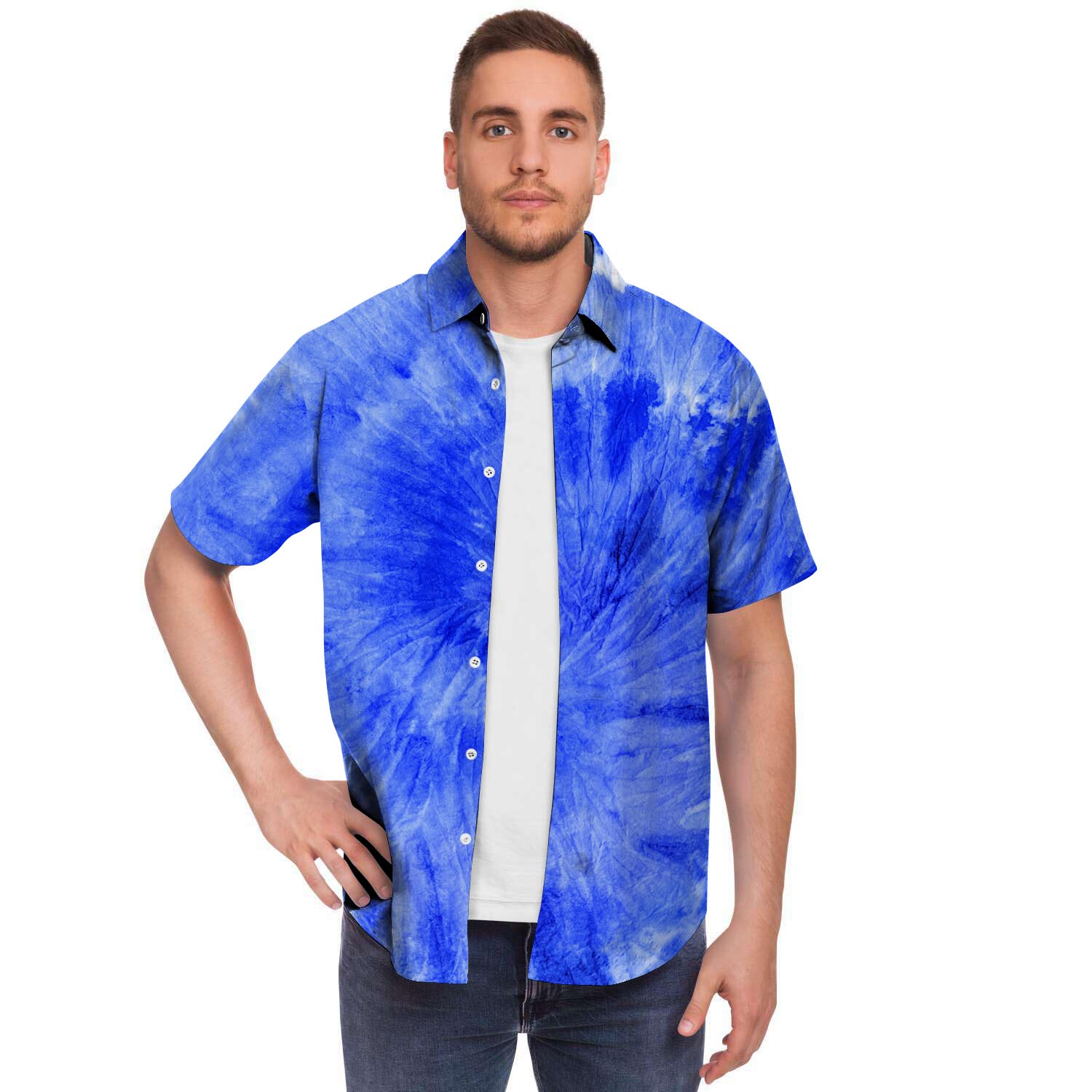 Blue Tie Dye Print Men's Short Sleeve Shirt-grizzshop