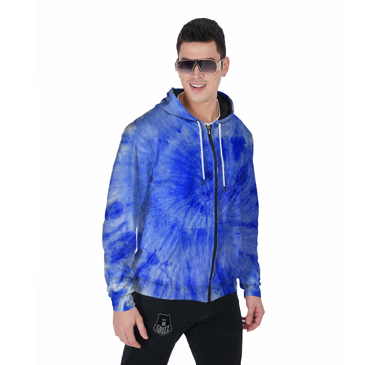 Blue Tie Dye Print Men's Zip Up Hoodie-grizzshop