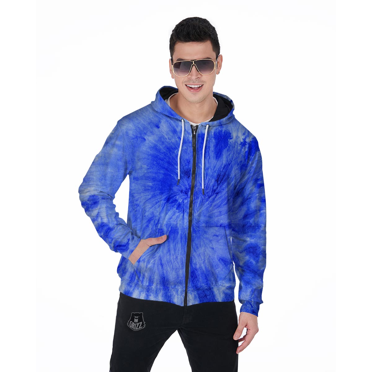 Blue Tie Dye Print Men's Zip Up Hoodie-grizzshop