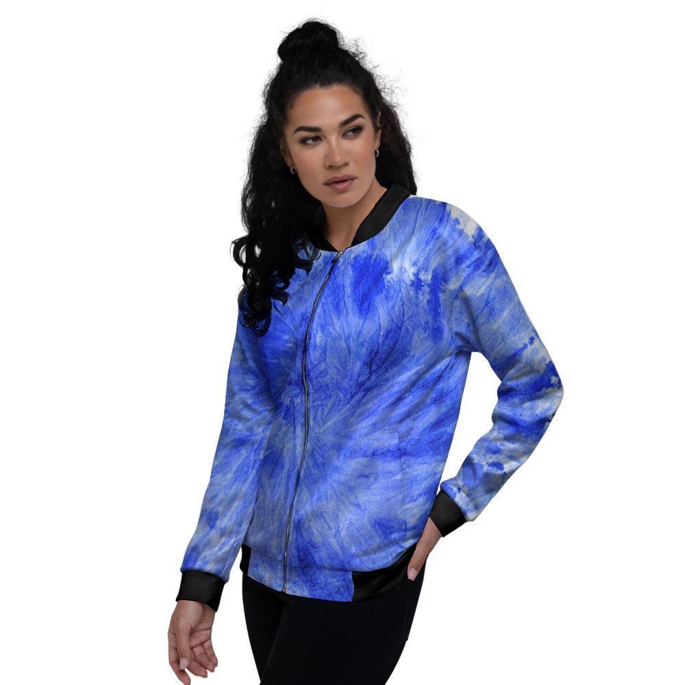 Blue Tie Dye Print Women's Bomber Jacket-grizzshop