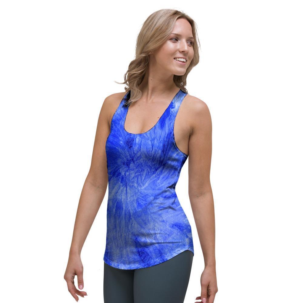 Blue Tie Dye Print Women's Racerback Tank Top-grizzshop