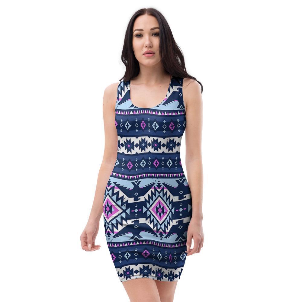 Blue Tribal Aztec Eagles Bodycon Dress-grizzshop
